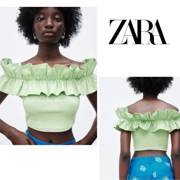 Zara green ribbed ruffle frill neckline off the shoulder fitted crop top M NWOT - Picture 12 of 12